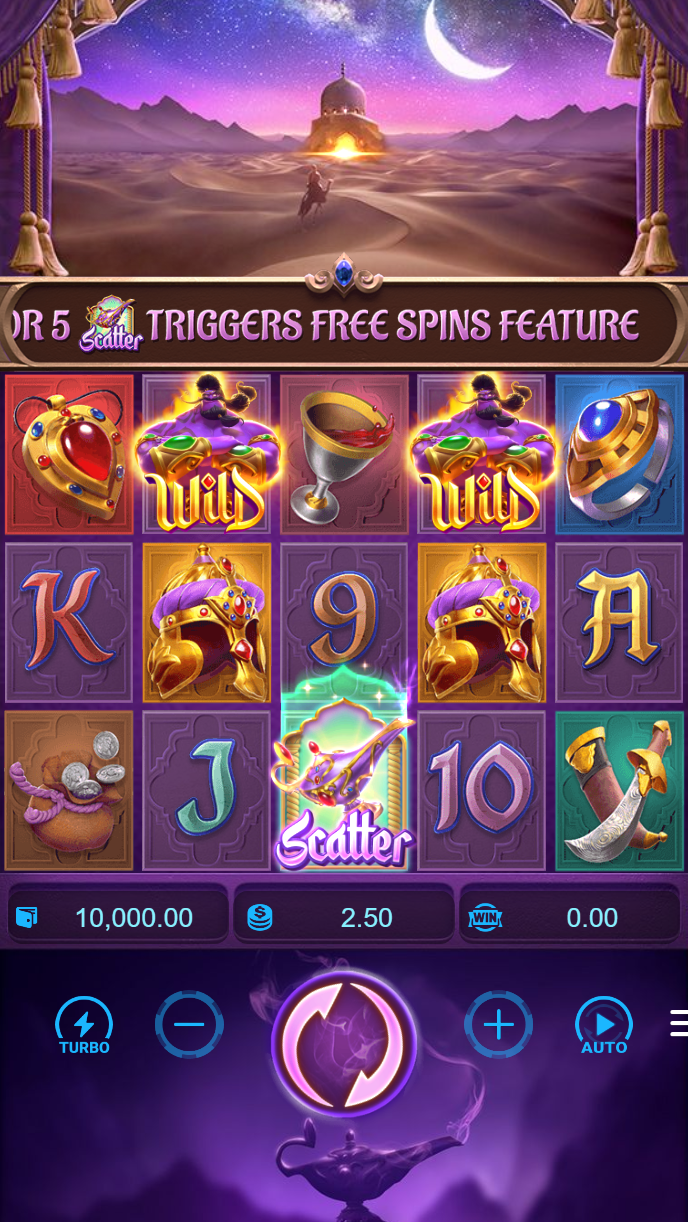 Galactic Gems slot game interface on megawin777 login showing five reels with gem and planet symbols, payline display, and stake controls